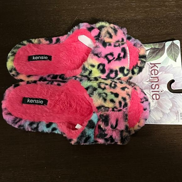 Kensie Animal Print Memory Foam Slippers Pink Rainbow Women's size 8 - Picture 2 of 5